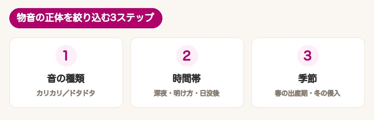 物音の正体を絞り込む3ステップ（音・時間帯・季節）の図解